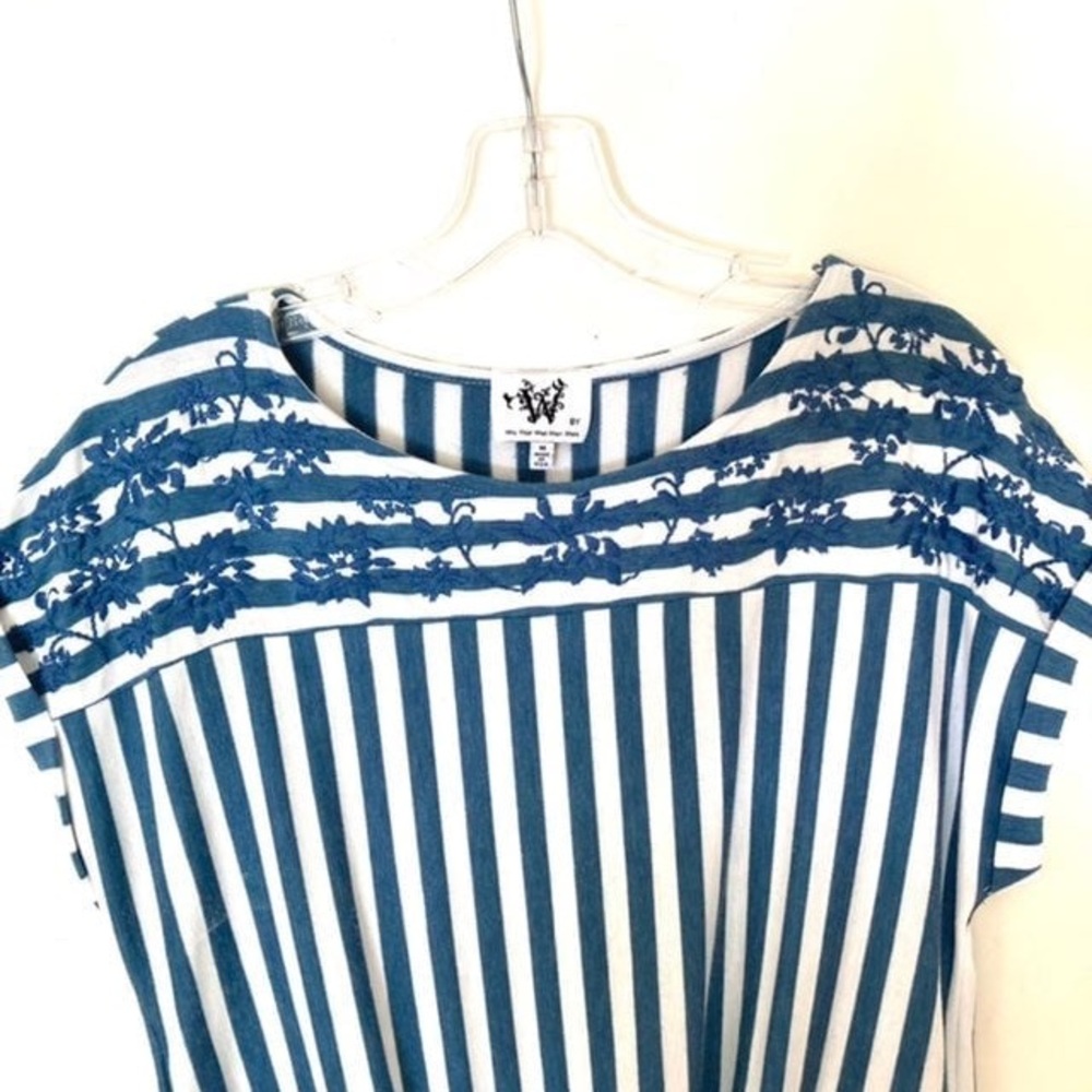 Anthropologie Blue and White Embroidered Tie Front Blouse Medium